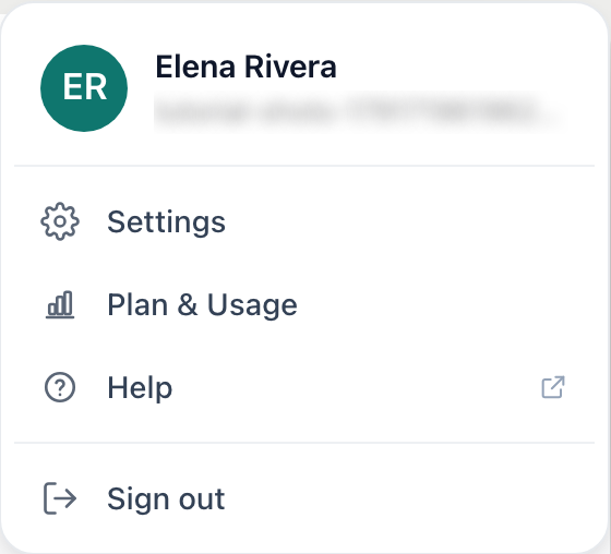 The menu under your avatar: your name, Settings, Plan & Usage, Help and Sign out