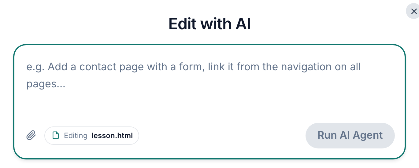 The page-level AI panel opened from the toolbar, with a prompt box and a Run AI Agent button