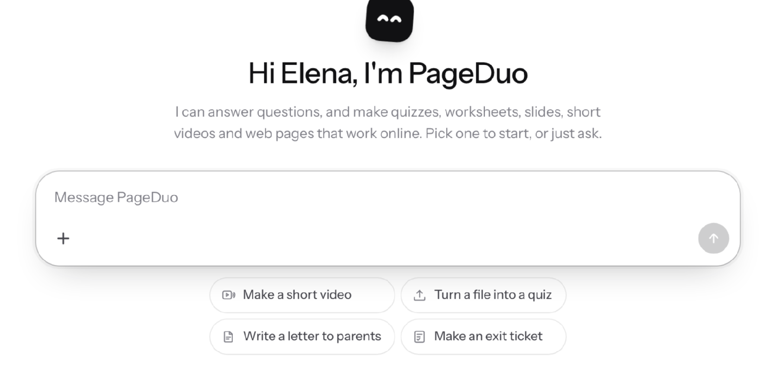 A new chat: the greeting, the Message PageDuo box and starter suggestions underneath