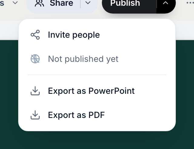 The menu beside Publish on a deck, with Export as PDF and Export as PowerPoint