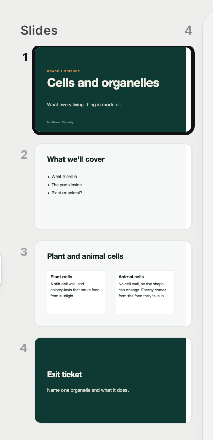 The slide list of a deck, with Present, New slide and Theme at the foot