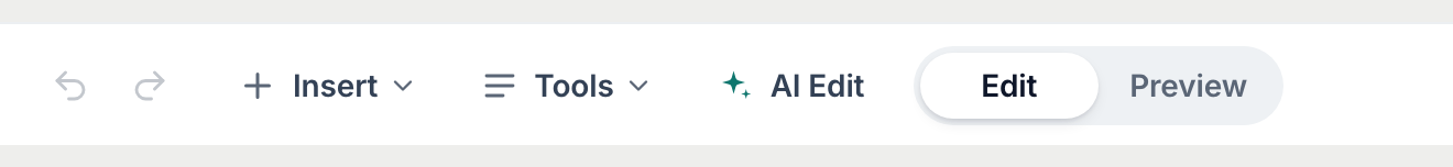 A document's top bar: Insert, Tools, AI Edit, Edit and Preview, Responses, Share and Publish
