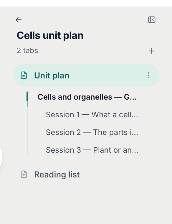 The tabs panel of a document: a back arrow, the title, its tabs, the headings of the open tab, and Add tab