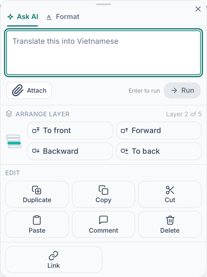 The Ask AI tab of the element panel, with a prompt box, Attach and Run