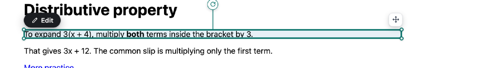 A paragraph in the editor with a selection box around it and an Edit pill above