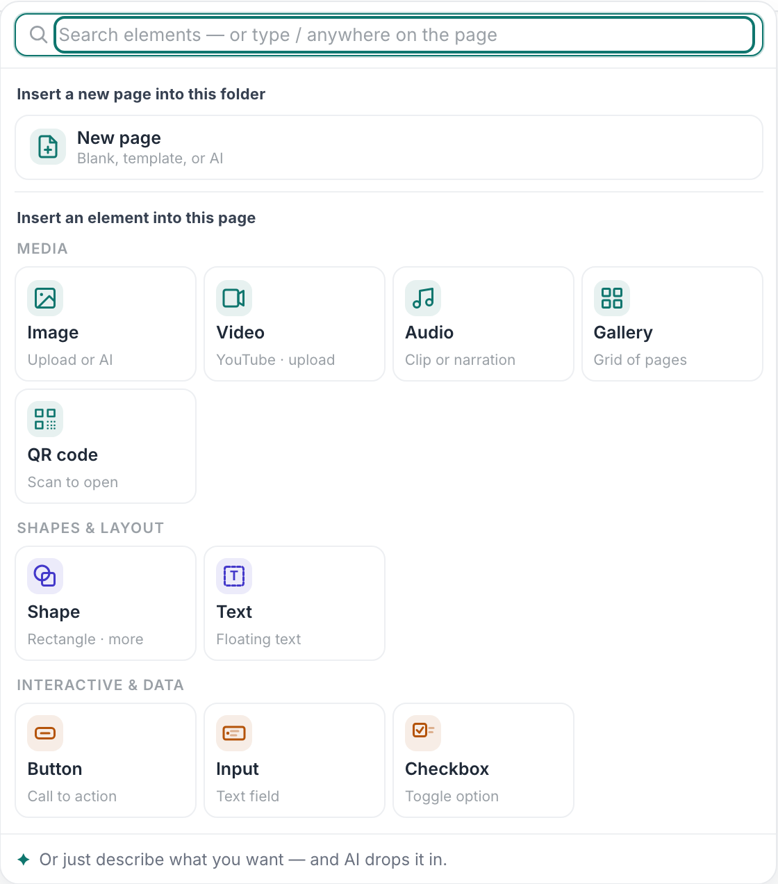 The Insert menu open, listing everything that can be added to a page