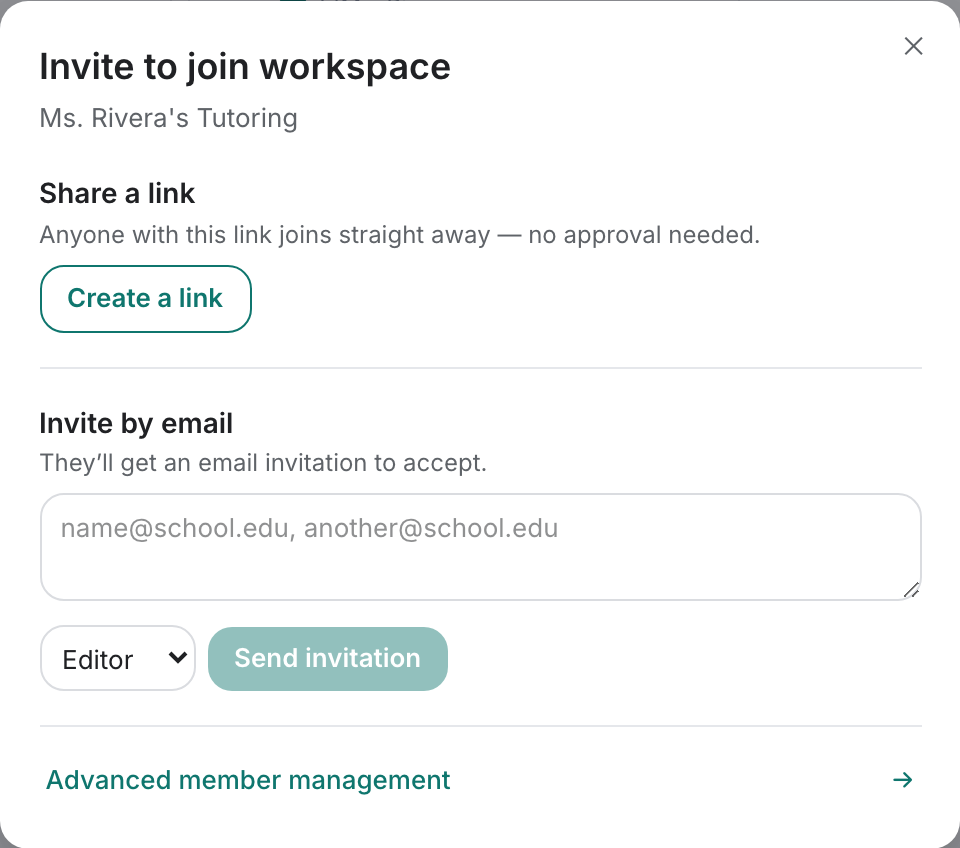 The Invite to join workspace dialog, showing Share a link above Invite by email