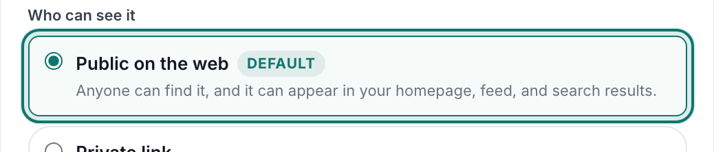 The publish dialog asking who can see it: Public on the web, or Private link