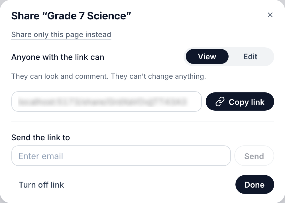 A share link made: what people can do with it, the link with Copy, and a box to email it