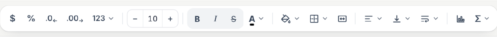The sheet's formatting row: currency, percent, decimals, number format, size, bold, italic, colour, fill, borders, merge, alignment, wrap, chart and functions