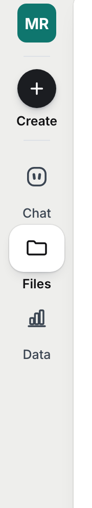 The strip down the left edge: the workspace tile, Create, then Chat, Files and Data