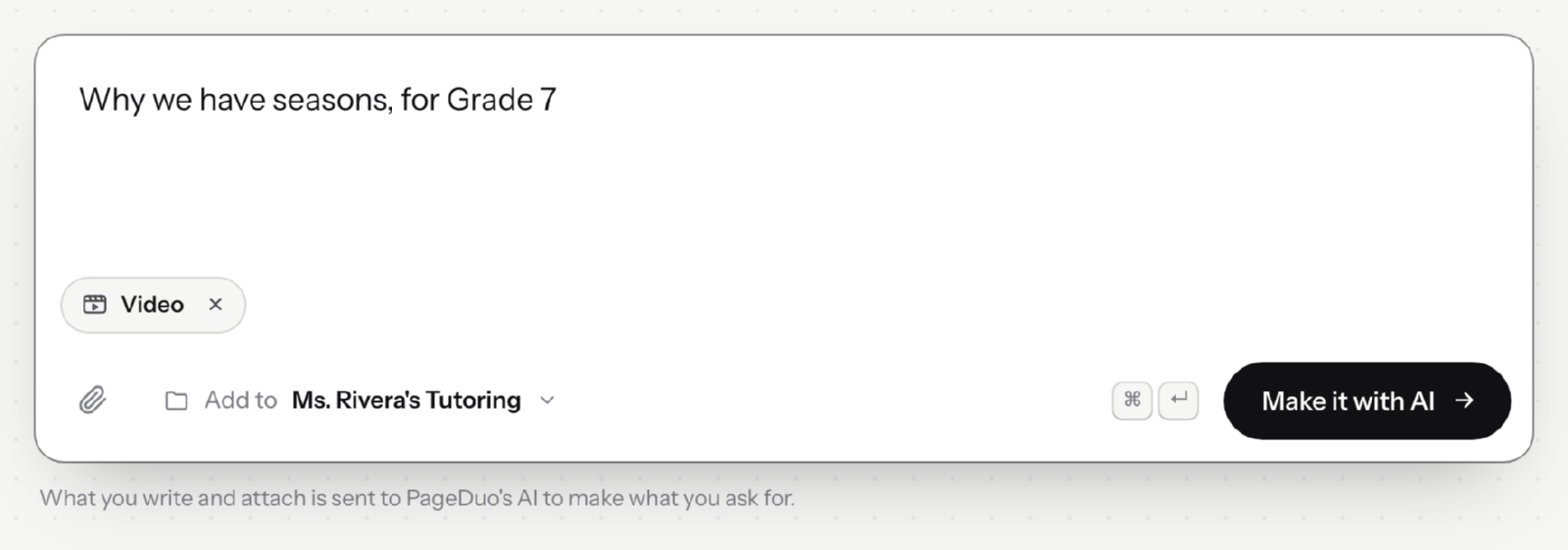 The request box with the Video tag, the folder it will be added to, and Make it with AI