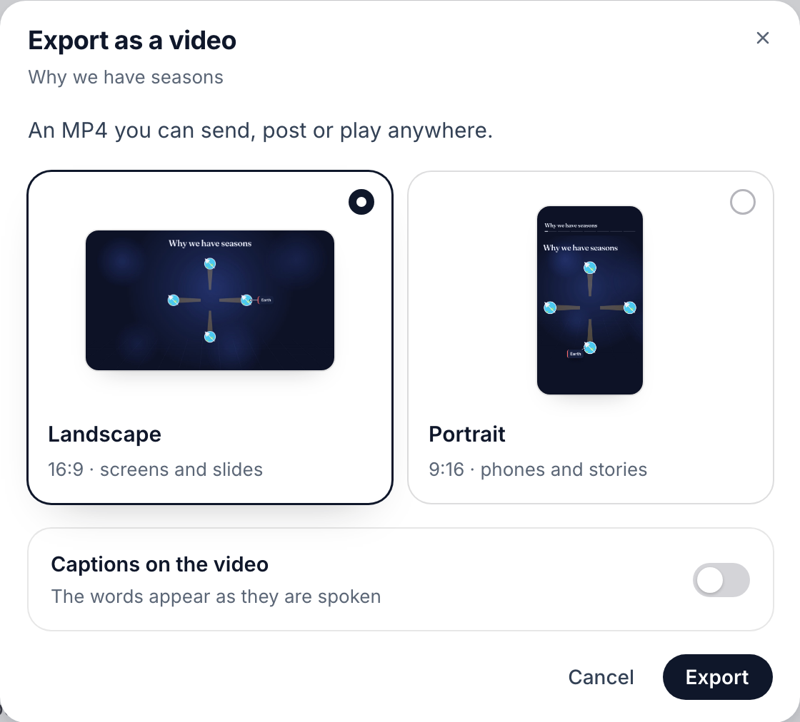 Export as a video: Landscape or Portrait, a Captions on the video switch, and Export