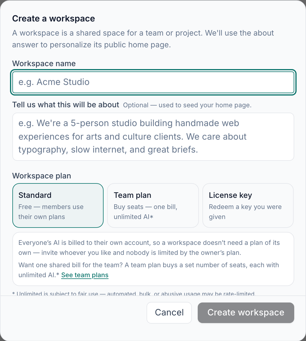 The Create workspace dialog with a name field and a Create button