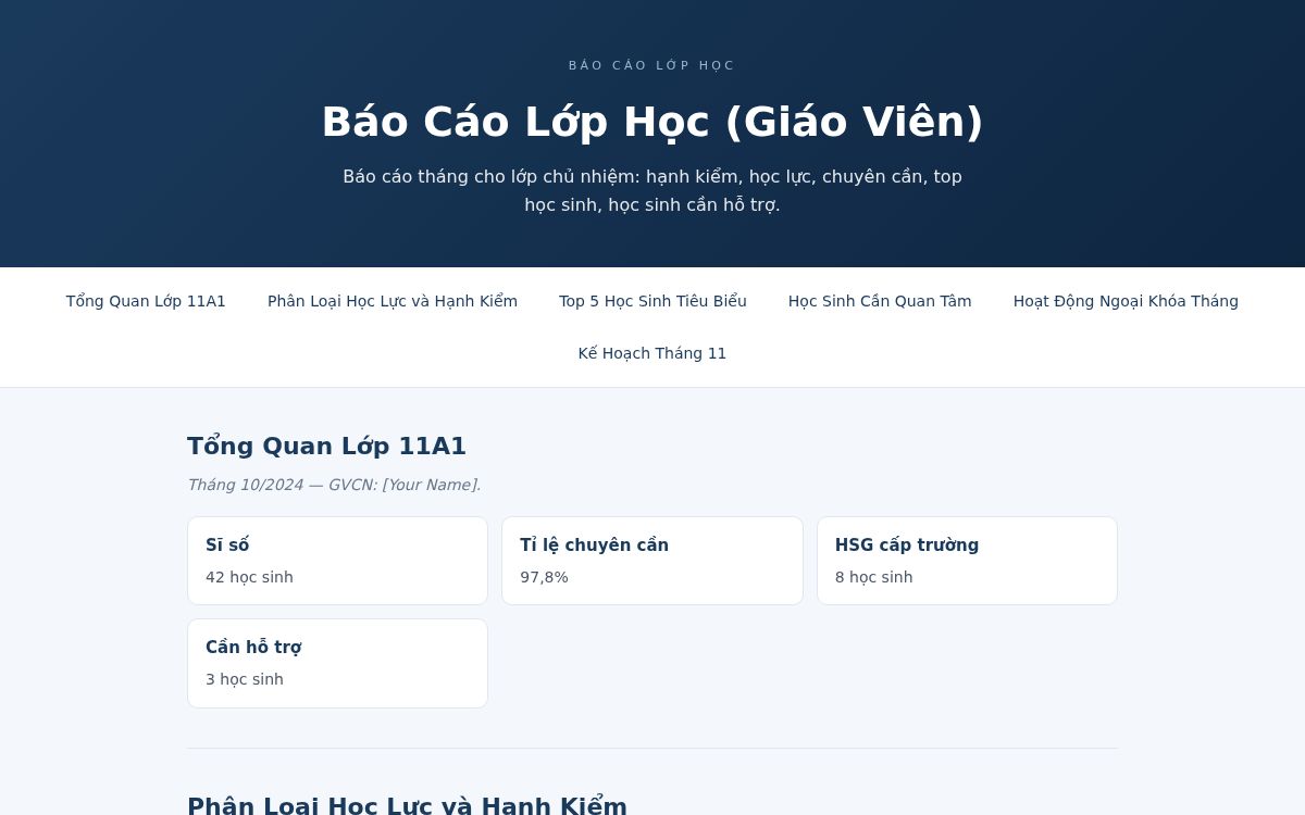 Ảnh chụp mẫu Báo Cáo Lớp Học (Giáo Viên)