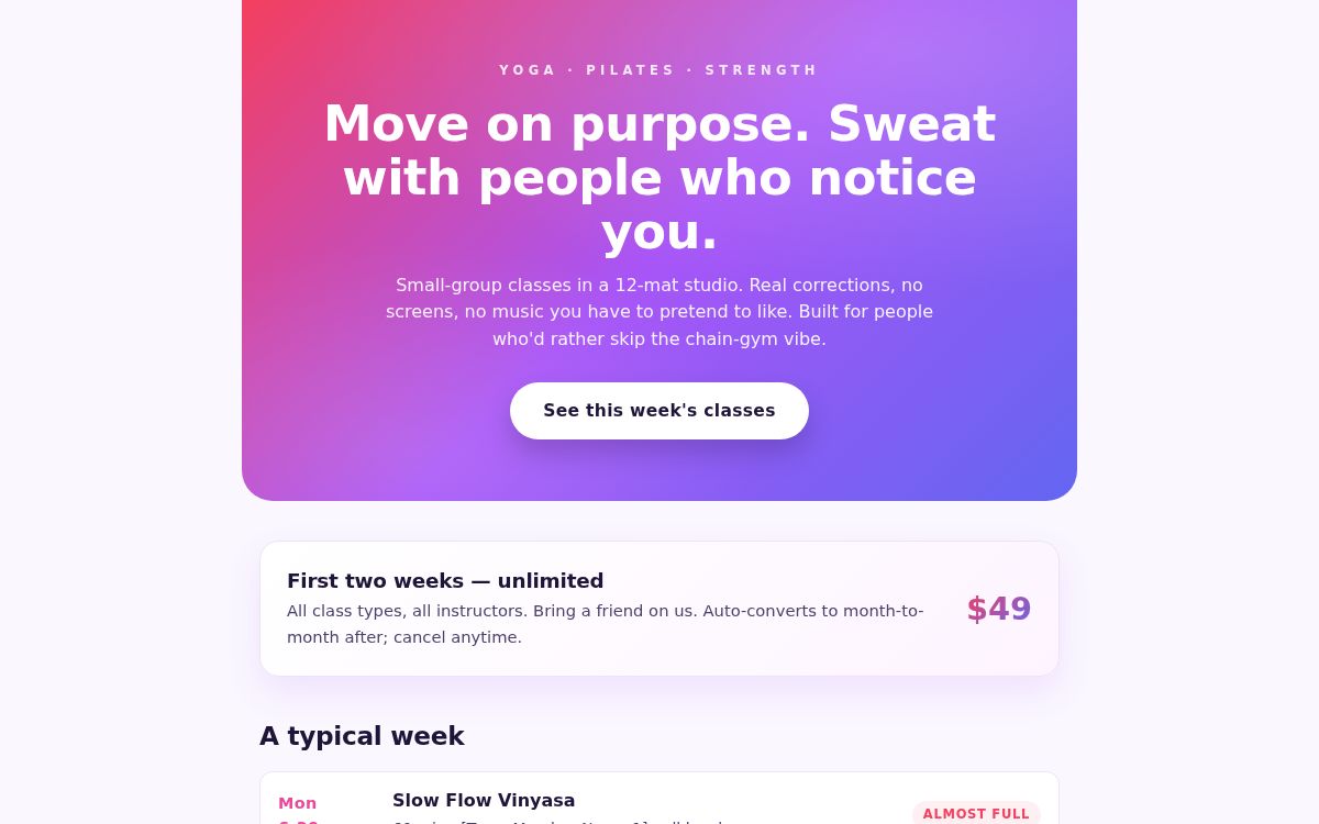Screenshot of the Fitness Studio Booking template