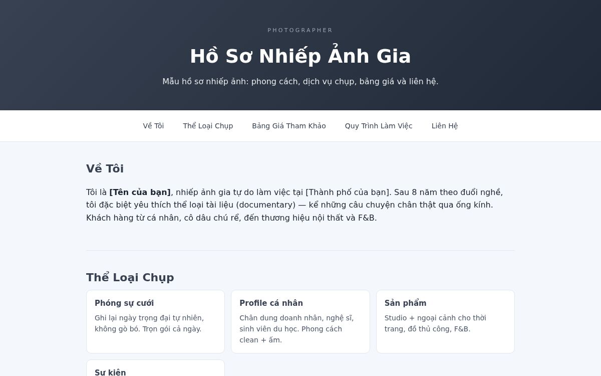 Ảnh chụp mẫu Hồ Sơ Nhiếp Ảnh Gia