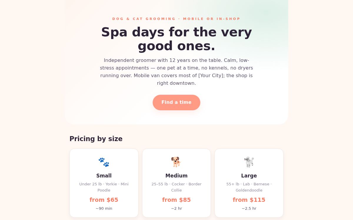 Screenshot of the Pet Grooming Booking template
