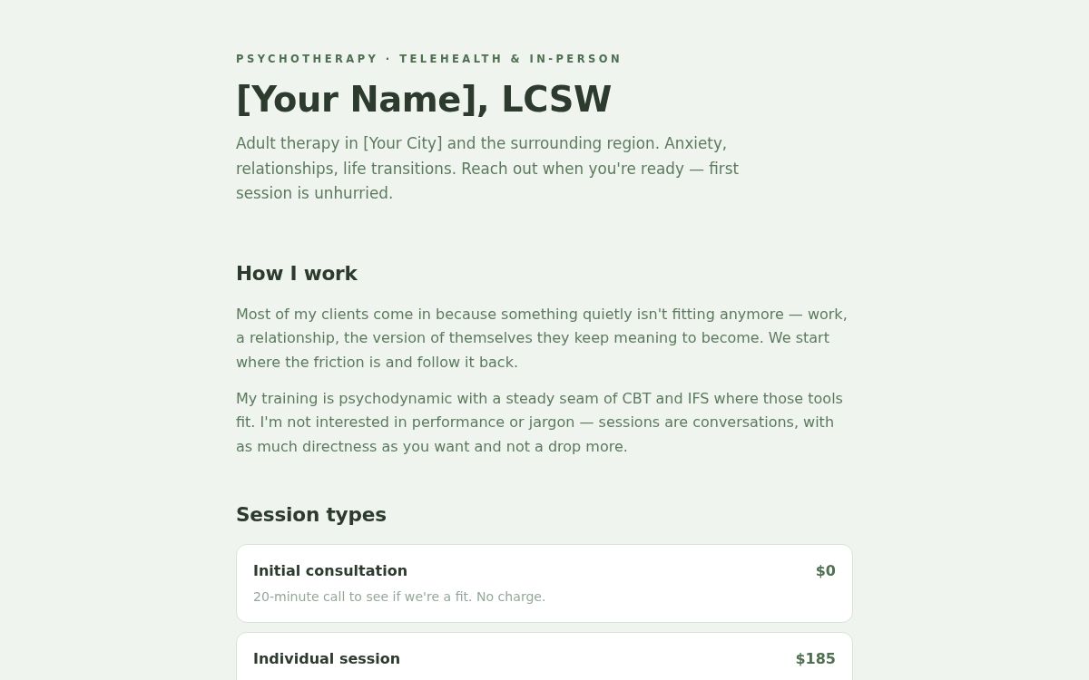 Screenshot of the Therapy & Counseling Booking template