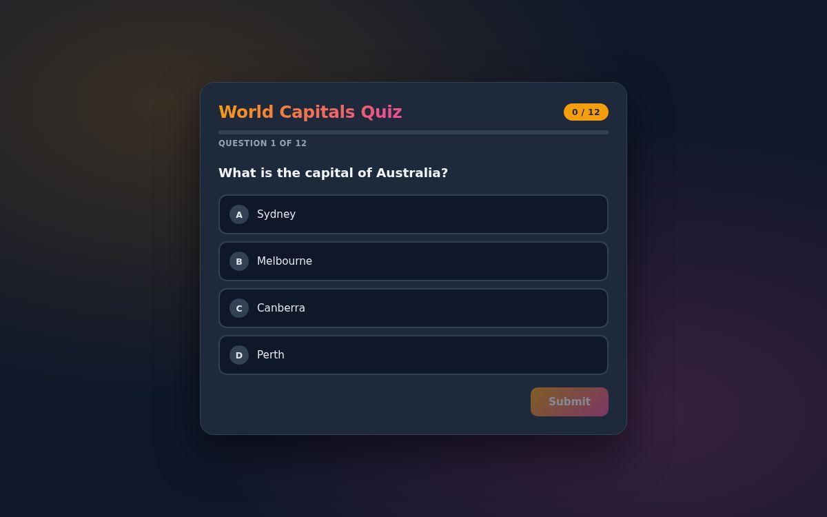 Screenshot of the Trivia Quiz template