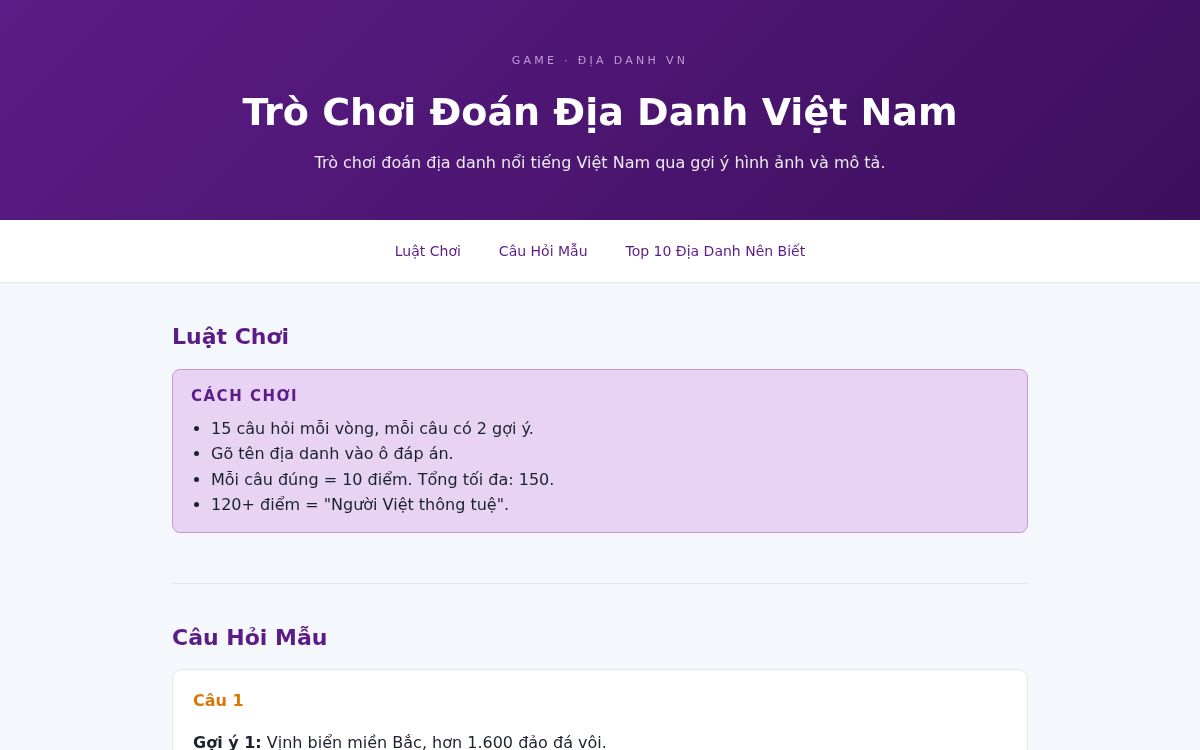 Ảnh chụp mẫu Trò Chơi Đoán Địa Danh Việt Nam
