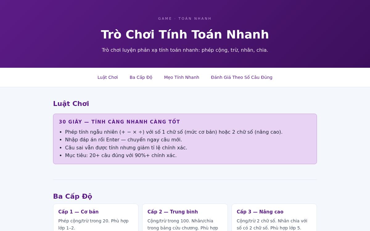 Ảnh chụp mẫu Trò Chơi Tính Toán Nhanh