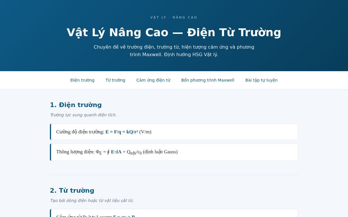 Ảnh chụp mẫu Vật Lý Nâng Cao — Điện Từ Trường