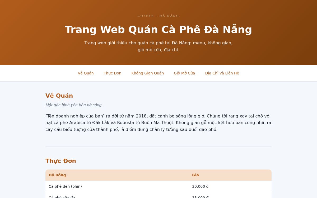 Ảnh chụp mẫu Trang Web Quán Cà Phê Đà Nẵng