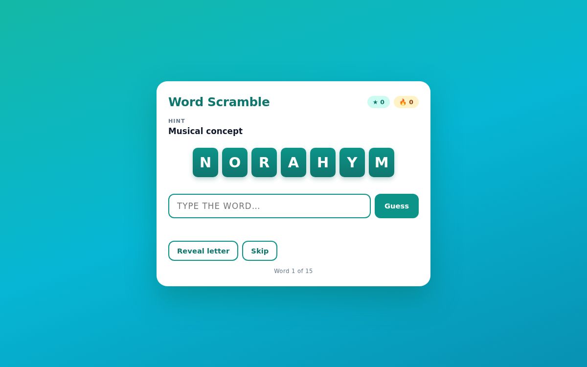 Screenshot of the Word Scramble template